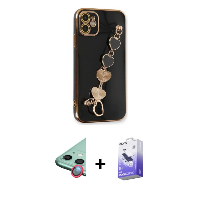 MARSİLYAN™- iPhone 12 Kılıf Nova Işık Prime - Siyah Bilvis 5in1 5D Magic Hayalet Cam Ekran Koruyucu + Raze Metal Kamera Lens - KI