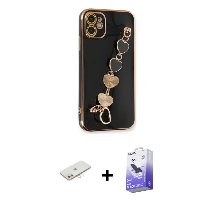 MARSİLYAN™- iPhone 12 Kılıf Nova Işık Prime - Siyah Bilvis 5in1 5D Magic Hayalet Cam Ekran Koruyucu + Renkli Kamera Lens Koruma Cam - YL