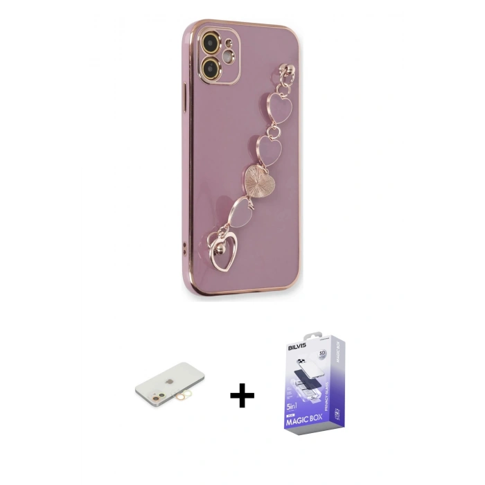 MARSİLYAN™- iPhone 12 Kılıf Nova Işık Prime - Siyah Bilvis 5in1 5D Magic Hayalet Cam Ekran Koruyucu + Sarı Renkli Kamera Lens Koruma Cam