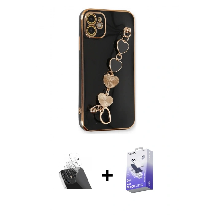 MARSİLYAN™- iPhone 12 Kılıf Nova Işık Prime - Siyah Bilvis 5in1 5D Magic Hayalet Cam Ekran Koruyucu + Kamera Lens Koruma Cam - SF