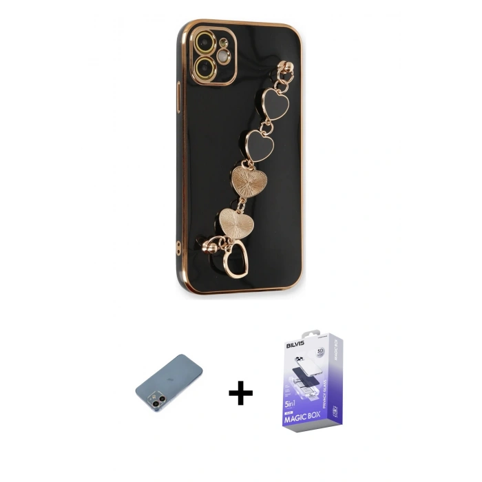 MARSİLYAN™- iPhone 12 Kılıf Nova Işık Prime - Siyah Bilvis 5in1 5D Magic Hayalet Cam Ekran Koruyucu + Shine Kamera Lens Koruma Cam - GI