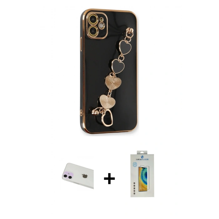 MARSİLYAN™- iPhone 12 Kılıf Nova Işık Prime - Siyah Polymer Nano Ekran Koruyucu + Rainbow Kamera Lens Koruma Cam - MR