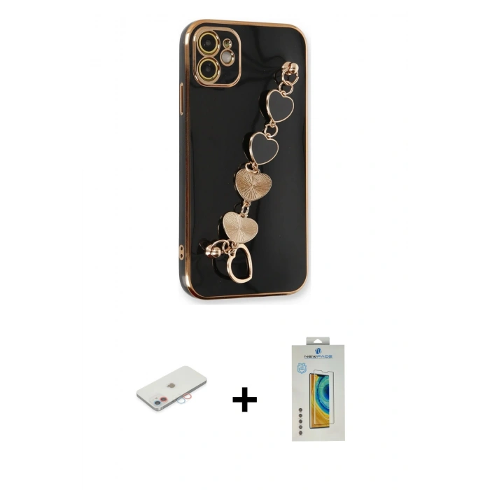 MARSİLYAN™- iPhone 12 Kılıf Nova Işık Prime - Siyah Polymer Nano Ekran Koruyucu + Renkli Kamera Lens Koruma Cam - PE