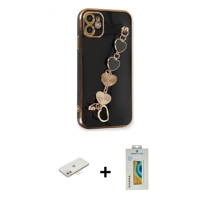 MARSİLYAN™- iPhone 12 Kılıf Nova Işık Prime - Siyah Polymer Nano Ekran Koruyucu + Renkli Kamera Lens Koruma Cam - YL
