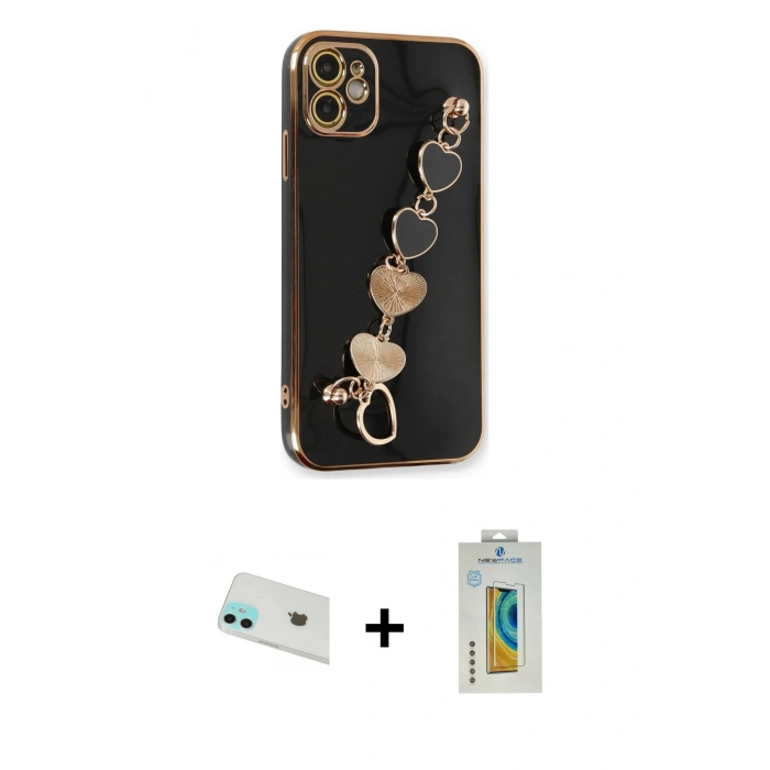MARSİLYAN™- iPhone 12 Kılıf Nova Işık Prime - Siyah Polymer Nano Ekran Koruyucu + Rainbow Kamera Lens Koruma Cam - YL