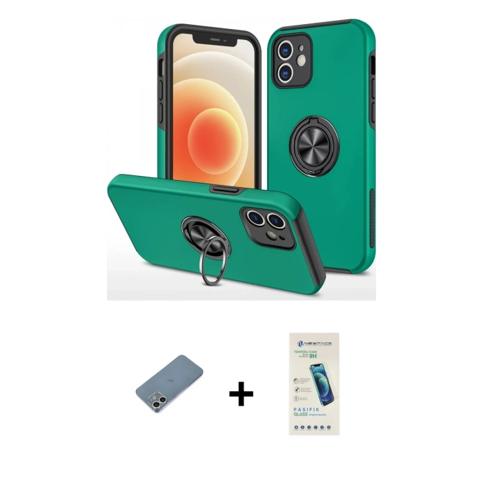 MARSİLYAN™- iPhone 12 Kılıf Odak Form Prime - Şeffaf Pasifik Cam Ekran Koruyucu + Shine Kamera Lens Koruma Cam - GS