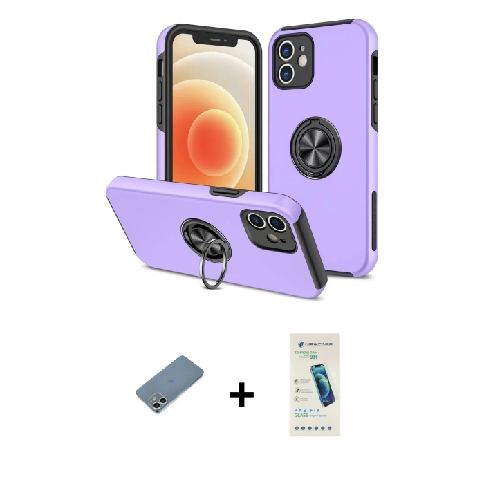 MARSİLYAN™- iPhone 12 Kılıf Odak Form Prime - Şeffaf Pasifik Cam Ekran Koruyucu + Shine Kamera Lens Koruma Cam - GS