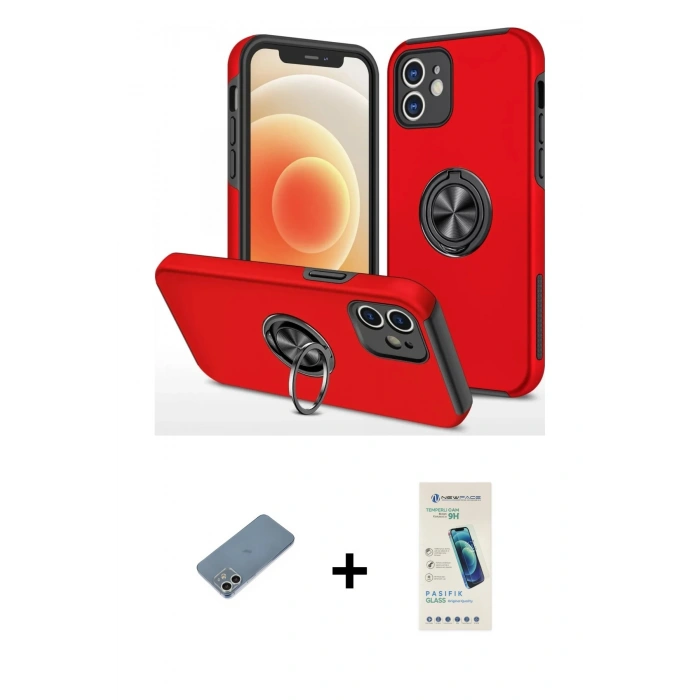 MARSİLYAN™- iPhone 12 Kılıf Odak Form Prime - Şeffaf Pasifik Cam Ekran Koruyucu + Shine Kamera Lens Koruma Cam - GS