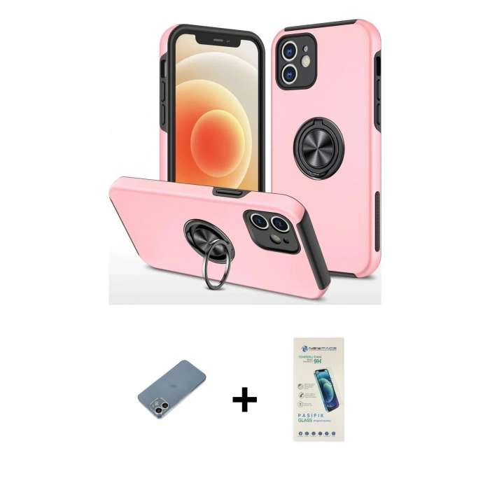 MARSİLYAN™- iPhone 12 Kılıf Odak Form Prime - Şeffaf Pasifik Cam Ekran Koruyucu + Shine Kamera Lens Koruma Cam - GS