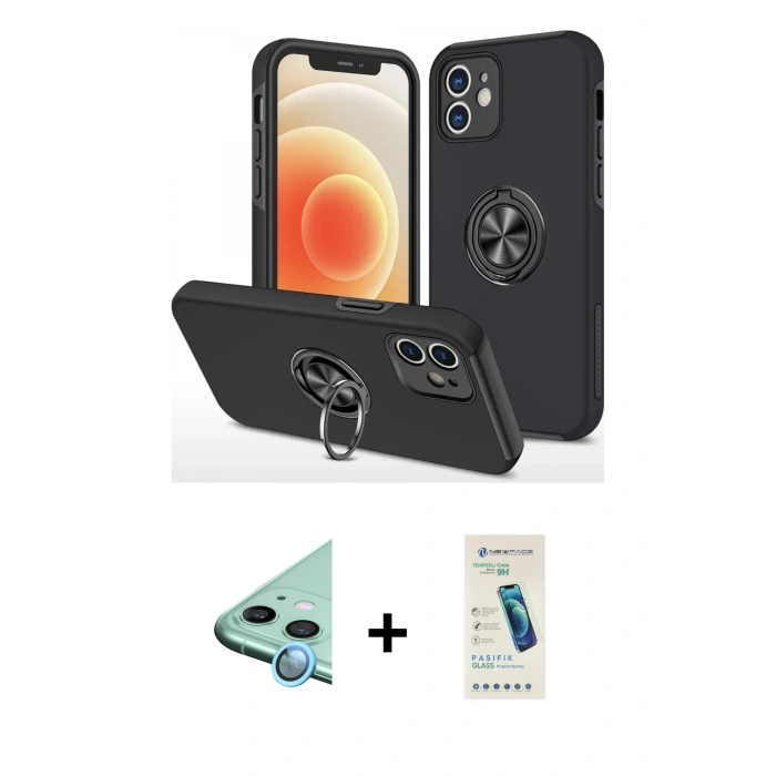 MARSİLYAN™- iPhone 12 Kılıf Odak Form Prime - Şeffaf Pasifik Cam Ekran Koruyucu + Raze Metal Kamera Lens - MI