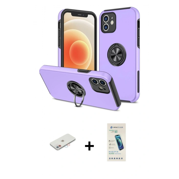 MARSİLYAN™- iPhone 12 Kılıf Odak Form Prime - Şeffaf Pasifik Cam Ekran Koruyucu + Renkli Kamera Lens Koruma Cam - PE