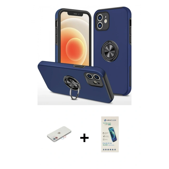 MARSİLYAN™- iPhone 12 Kılıf Odak Form Prime - Şeffaf Pasifik Cam Ekran Koruyucu + Renkli Kamera Lens Koruma Cam - PE