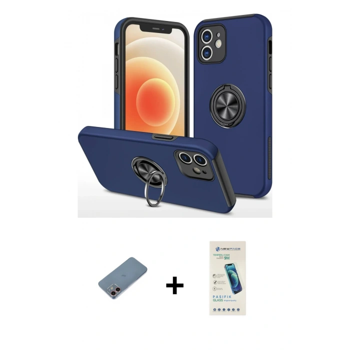 MARSİLYAN™- iPhone 12 Kılıf Odak Form Prime - Şeffaf Pasifik Cam Ekran Koruyucu + Shine Kamera Lens Koruma Cam - PE