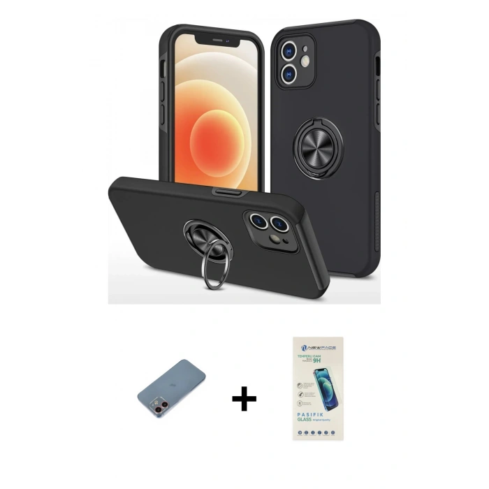 MARSİLYAN™- iPhone 12 Kılıf Odak Form Prime - Şeffaf Pasifik Cam Ekran Koruyucu + Shine Kamera Lens Koruma Cam - PE