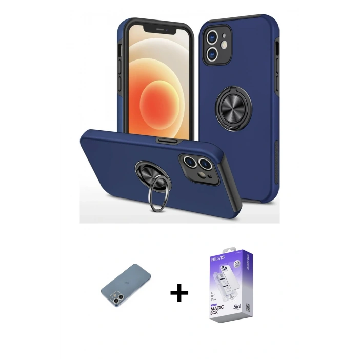 MARSİLYAN™- iPhone 12 Kılıf Odak Form Prime - Siyah Bilvis 5in1 3D Magic Cam Ekran Koruyucu + Shine Kamera Lens Koruma Cam - GS