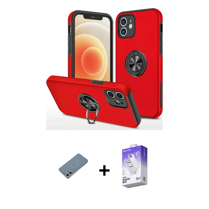 MARSİLYAN™- iPhone 12 Kılıf Odak Form Prime - Siyah Bilvis 5in1 3D Magic Cam Ekran Koruyucu + Shine Kamera Lens Koruma Cam - GS