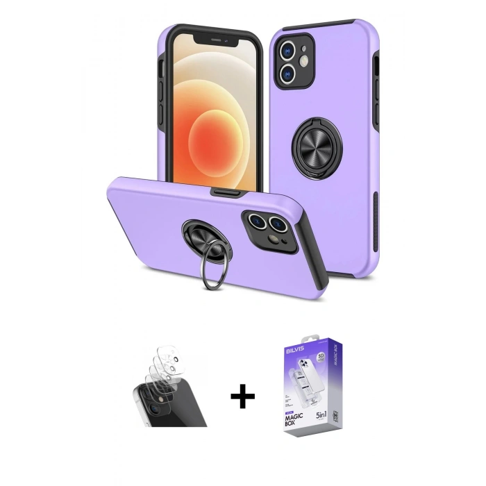 MARSİLYAN™- iPhone 12 Kılıf Odak Form Prime - Siyah Bilvis 5in1 3D Magic Cam Ekran Koruyucu + Kamera Lens Koruma Cam - SF