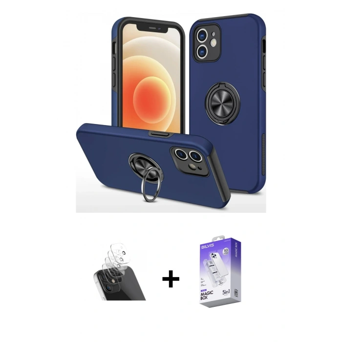 MARSİLYAN™- iPhone 12 Kılıf Odak Form Prime - Siyah Bilvis 5in1 3D Magic Cam Ekran Koruyucu + Kamera Lens Koruma Cam - SF