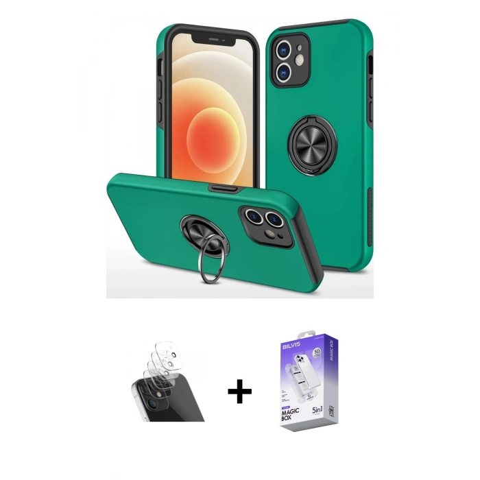 MARSİLYAN™- iPhone 12 Kılıf Odak Form Prime - Siyah Bilvis 5in1 3D Magic Cam Ekran Koruyucu + Kamera Lens Koruma Cam - SF
