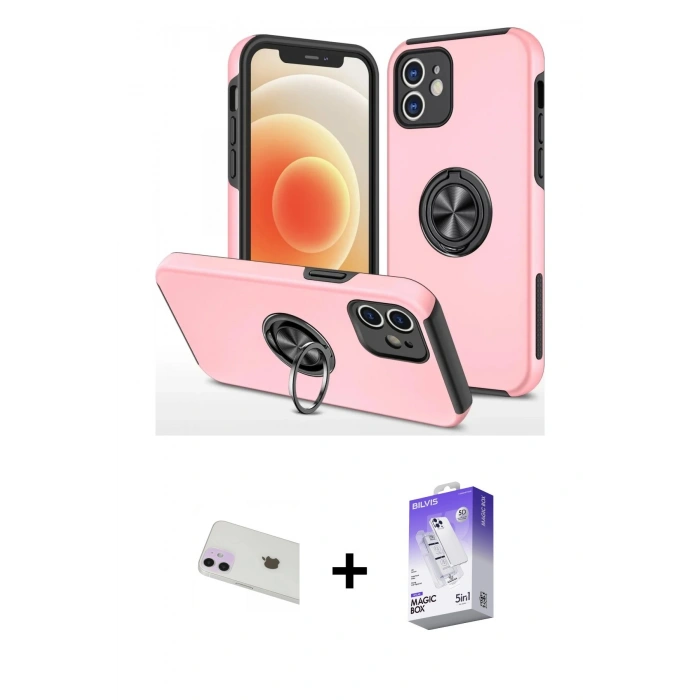MARSİLYAN™- iPhone 12 Kılıf Odak Form Prime - Siyah Bilvis 5in1 3D Magic Cam Ekran Koruyucu + Rainbow Kamera Lens Koruma Cam - MR