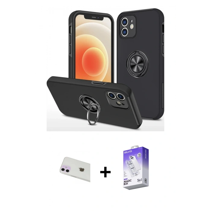 MARSİLYAN™- iPhone 12 Kılıf Odak Form Prime - Siyah Bilvis 5in1 3D Magic Cam Ekran Koruyucu + Rainbow Kamera Lens Koruma Cam - MR