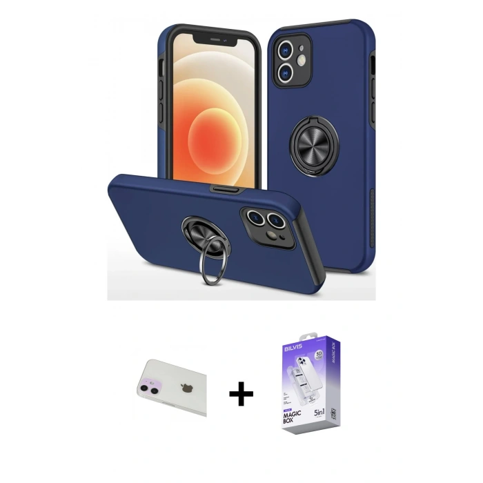 MARSİLYAN™- iPhone 12 Kılıf Odak Form Prime - Siyah Bilvis 5in1 3D Magic Cam Ekran Koruyucu + Rainbow Kamera Lens Koruma Cam - MR