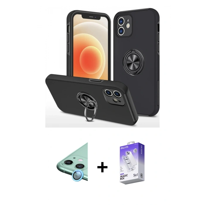 MARSİLYAN™- iPhone 12 Kılıf Odak Form Prime - Siyah Bilvis 5in1 3D Magic Cam Ekran Koruyucu + Raze Metal Kamera Lens - MI