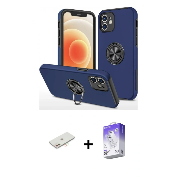 MARSİLYAN™- iPhone 12 Kılıf Odak Form Prime - Siyah Bilvis 5in1 3D Magic Cam Ekran Koruyucu + Renkli Kamera Lens Koruma Cam - YL