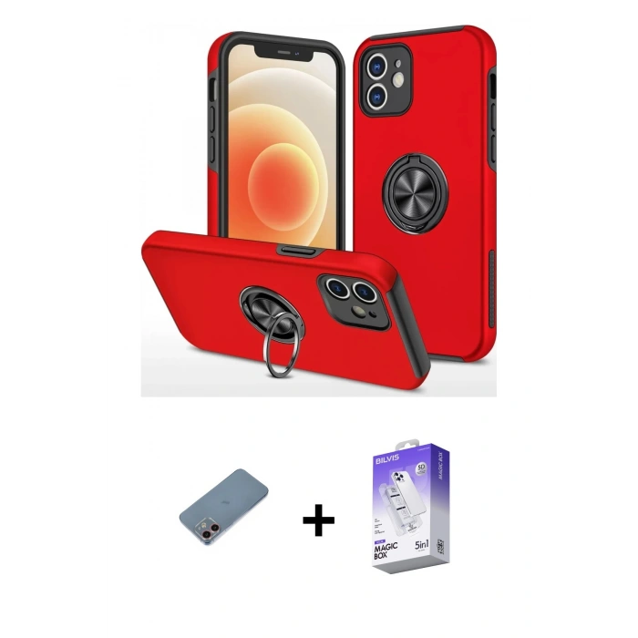 MARSİLYAN™- iPhone 12 Kılıf Odak Form Prime - Siyah Bilvis 5in1 3D Magic Cam Ekran Koruyucu + Shine Kamera Lens Koruma Cam - PE