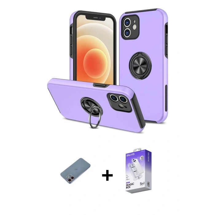 MARSİLYAN™- iPhone 12 Kılıf Odak Form Prime - Siyah Bilvis 5in1 3D Magic Cam Ekran Koruyucu + Shine Kamera Lens Koruma Cam - PE