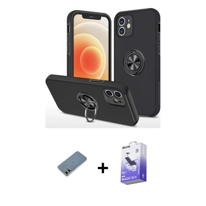 MARSİLYAN™- iPhone 12 Kılıf Odak Form Prime - Siyah Bilvis 5in1 5D Magic Hayalet Cam Ekran Koruyucu + Metal Kamera Lens Koruma Cam - AKYL