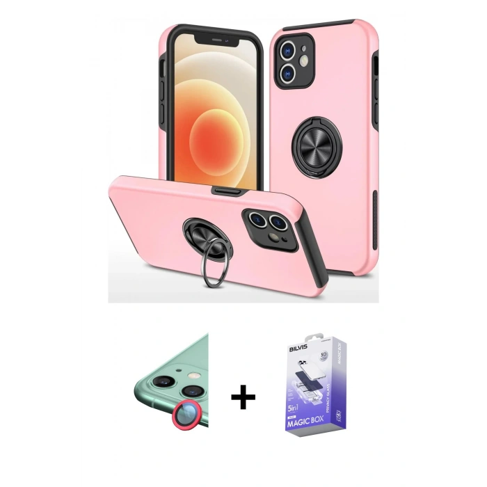 MARSİLYAN™- iPhone 12 Kılıf Odak Form Prime - Siyah Bilvis 5in1 5D Magic Hayalet Cam Ekran Koruyucu + Kırmızı Raze Metal Kamera Lens
