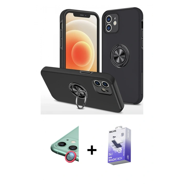 MARSİLYAN™- iPhone 12 Kılıf Odak Form Prime - Siyah Bilvis 5in1 5D Magic Hayalet Cam Ekran Koruyucu + Kırmızı Raze Metal Kamera Lens