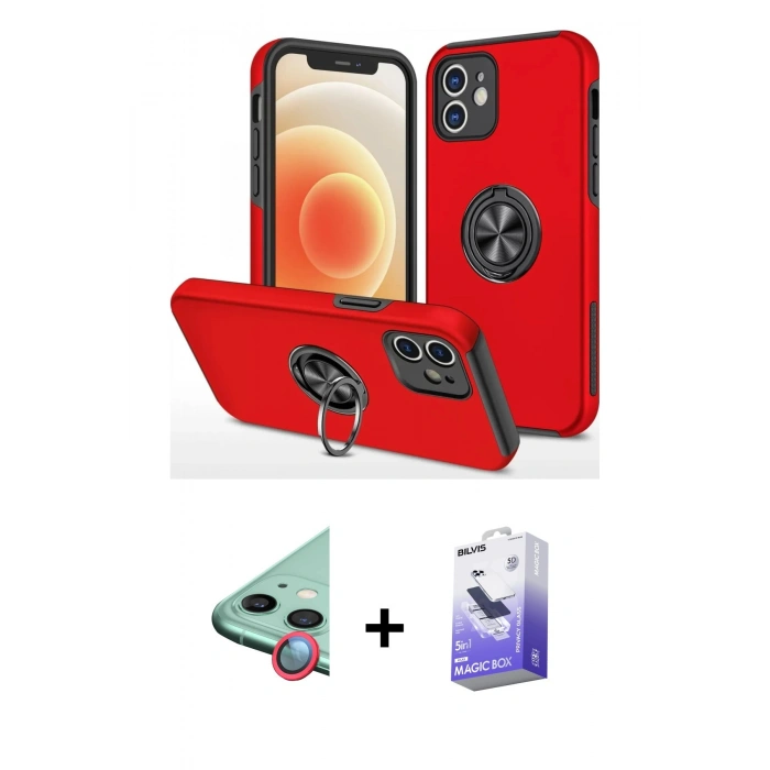 MARSİLYAN™- iPhone 12 Kılıf Odak Form Prime - Siyah Bilvis 5in1 5D Magic Hayalet Cam Ekran Koruyucu + Kırmızı Raze Metal Kamera Lens