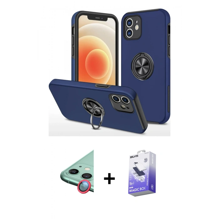 MARSİLYAN™- iPhone 12 Kılıf Odak Form Prime - Siyah Bilvis 5in1 5D Magic Hayalet Cam Ekran Koruyucu + Kırmızı Raze Metal Kamera Lens