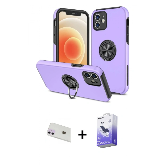 MARSİLYAN™- iPhone 12 Kılıf Odak Form Prime - Siyah Bilvis 5in1 5D Magic Hayalet Cam Ekran Koruyucu + Rainbow Kamera Lens Koruma Cam - MR
