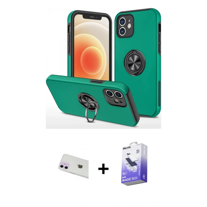 MARSİLYAN™- iPhone 12 Kılıf Odak Form Prime - Siyah Bilvis 5in1 5D Magic Hayalet Cam Ekran Koruyucu + Rainbow Kamera Lens Koruma Cam - MR