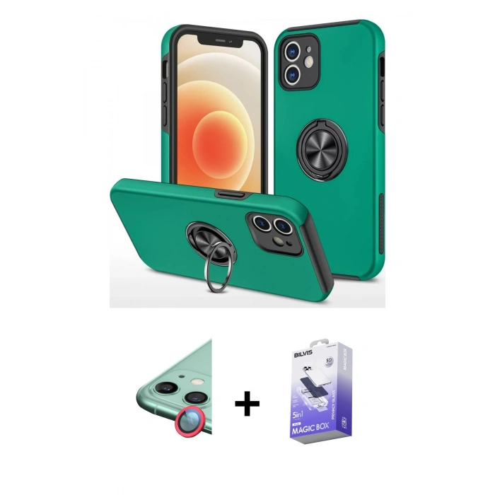 MARSİLYAN™- iPhone 12 Kılıf Odak Form Prime - Siyah Bilvis 5in1 5D Magic Hayalet Cam Ekran Koruyucu + Raze Metal Kamera Lens - KI