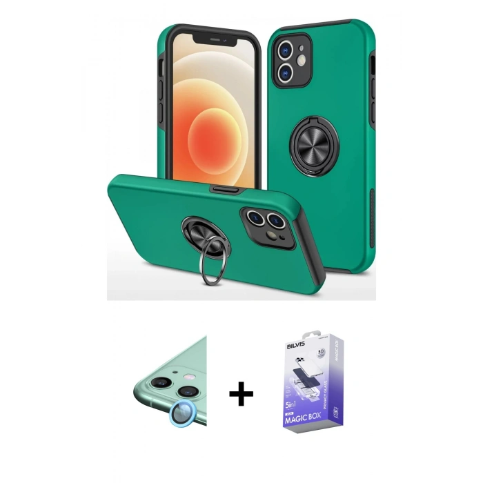 MARSİLYAN™- iPhone 12 Kılıf Odak Form Prime - Siyah Bilvis 5in1 5D Magic Hayalet Cam Ekran Koruyucu + Raze Metal Kamera Lens - MI