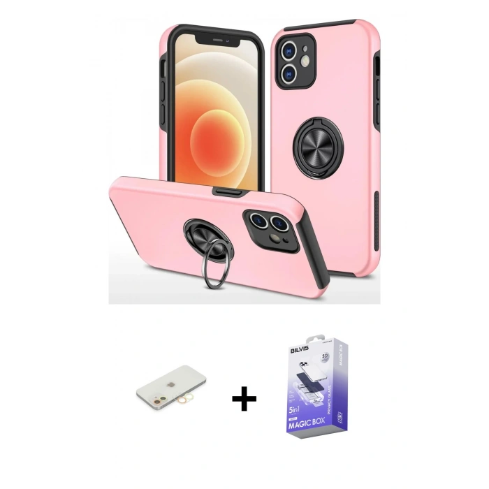 MARSİLYAN™- iPhone 12 Kılıf Odak Form Prime - Siyah Bilvis 5in1 5D Magic Hayalet Cam Ekran Koruyucu + Sarı Renkli Kamera Lens Koruma Cam