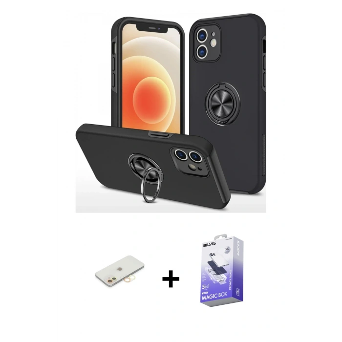 MARSİLYAN™- iPhone 12 Kılıf Odak Form Prime - Siyah Bilvis 5in1 5D Magic Hayalet Cam Ekran Koruyucu + Sarı Renkli Kamera Lens Koruma Cam