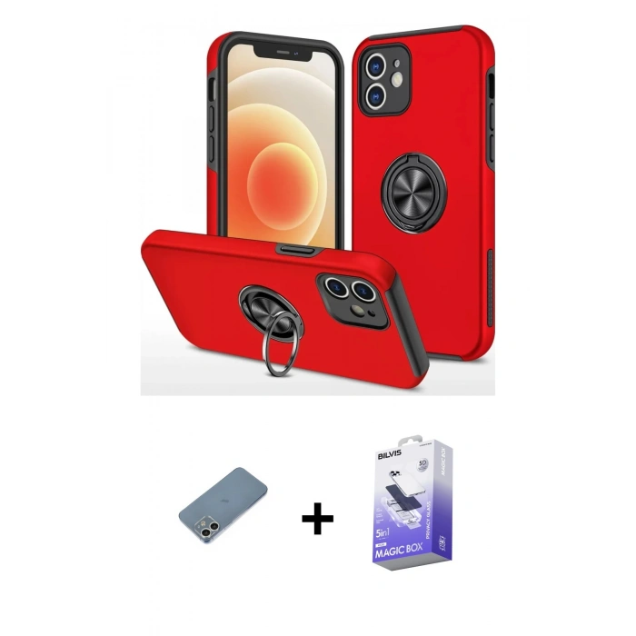 MARSİLYAN™- iPhone 12 Kılıf Odak Form Prime - Siyah Bilvis 5in1 5D Magic Hayalet Cam Ekran Koruyucu + Shine Kamera Lens Koruma Cam - GS