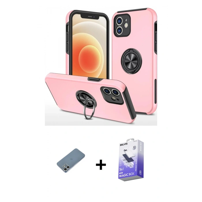 MARSİLYAN™- iPhone 12 Kılıf Odak Form Prime - Siyah Bilvis 5in1 5D Magic Hayalet Cam Ekran Koruyucu + Shine Kamera Lens Koruma Cam - GS