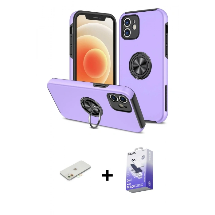 MARSİLYAN™- iPhone 12 Kılıf Odak Form Prime - Siyah Bilvis 5in1 5D Magic Hayalet Cam Ekran Koruyucu + Turuncu Renkli Kamera Lens Koruma Cam