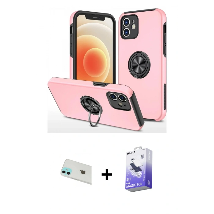 MARSİLYAN™- iPhone 12 Kılıf Odak Form Prime - Siyah Bilvis 5in1 5D Magic Hayalet Cam Ekran Koruyucu + Yeşil Rainbow Kamera Lens Koruma Cam
