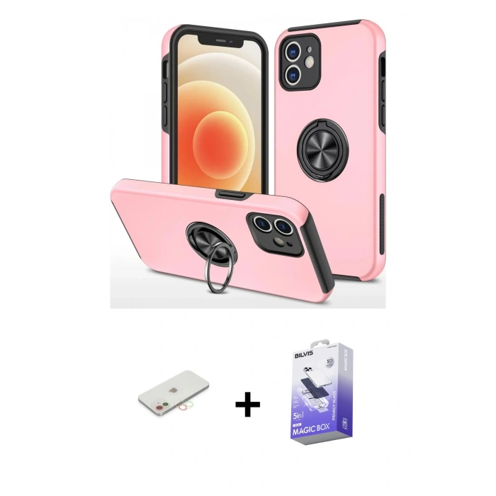 MARSİLYAN™- iPhone 12 Kılıf Odak Form Prime - Siyah Bilvis 5in1 5D Magic Hayalet Cam Ekran Koruyucu + Yeşil Renkli Kamera Lens Koruma Cam