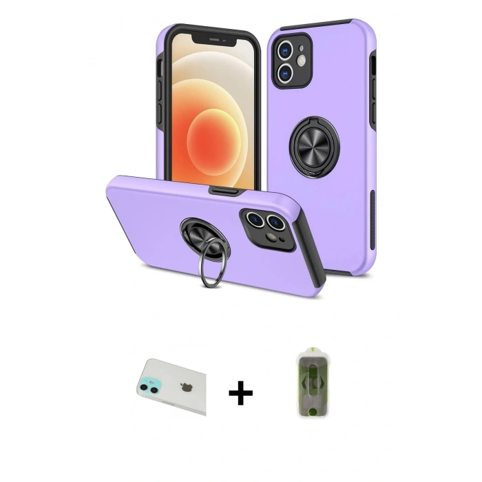 MARSİLYAN™- iPhone 12 Kılıf Odak Form Prime - Siyah Joko Magic 5D Hayalet Cam + Yeşil Rainbow Kamera Lens Koruma Cam