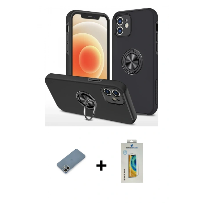 MARSİLYAN™- iPhone 12 Kılıf Odak Form Prime - Siyah Polymer Nano Ekran Koruyucu + Metal Kamera Lens Koruma Cam - GD