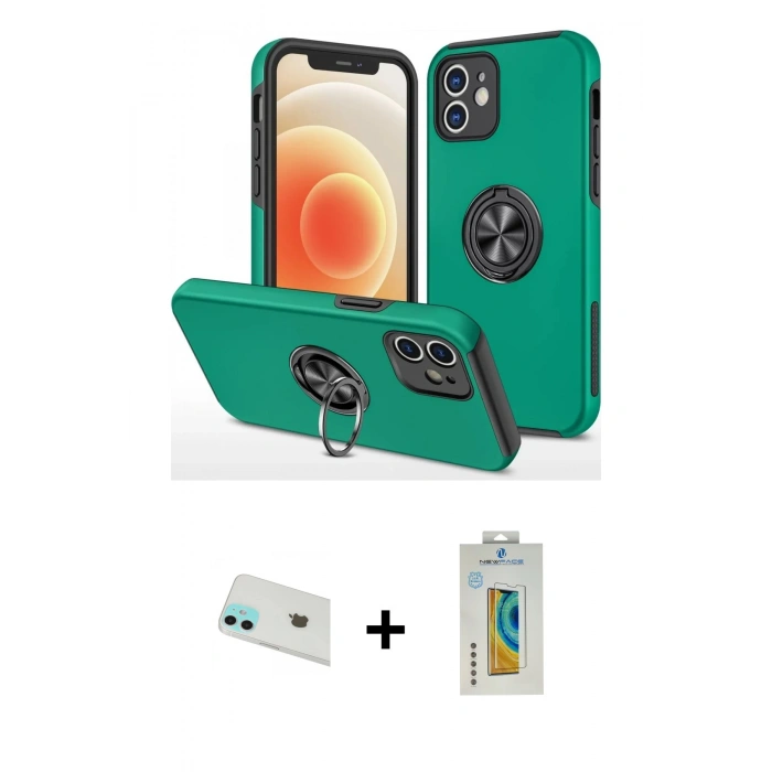 MARSİLYAN™- iPhone 12 Kılıf Odak Form Prime - Siyah Polymer Nano Ekran Koruyucu + Rainbow Kamera Lens Koruma Cam - YL