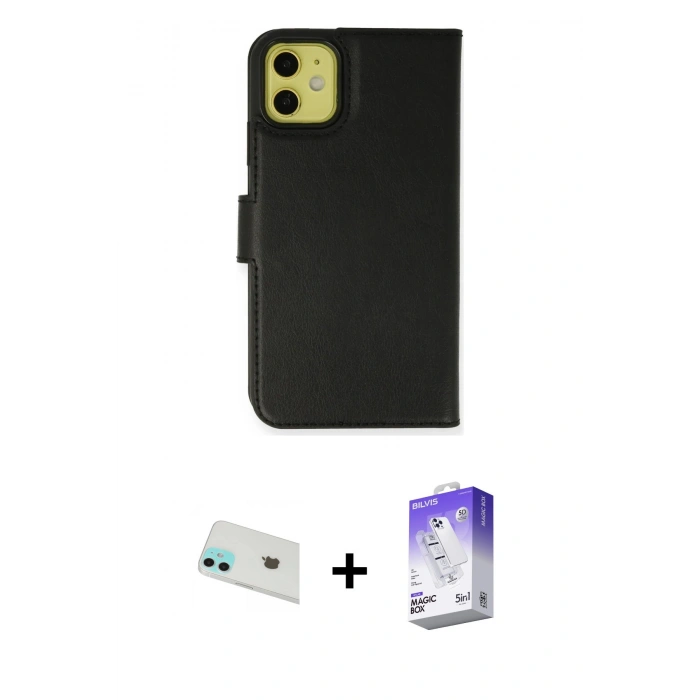 MARSİLYAN™- iPhone 12 Kılıf Siluet Işık Serisi - Siyah Bilvis 5in1 3D Magic Cam Ekran Koruyucu + Rainbow Kamera Lens Koruma Cam - YL